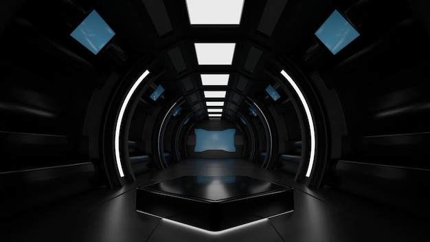 Podio del Pentágono en el interior de la nave espacial o de la estación espacial Escenario del túnel Sci Fi para la representación 3D del producto