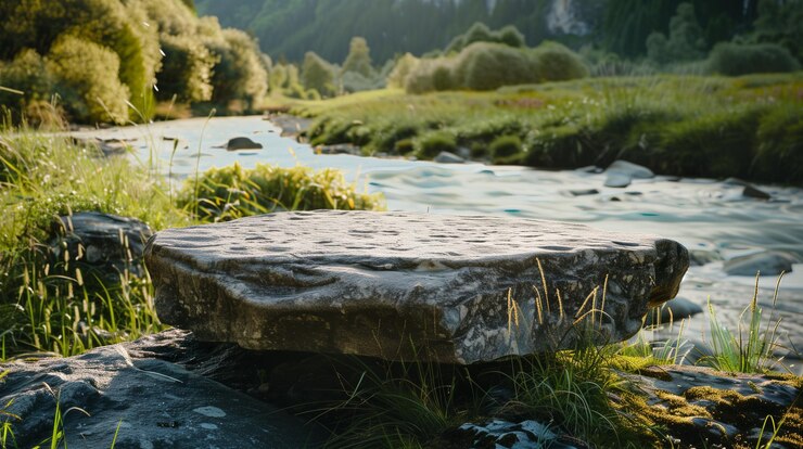 un podio de piedra colocado en el medio del bosque con un telón de fondo de vistas de árboles densos y naturales