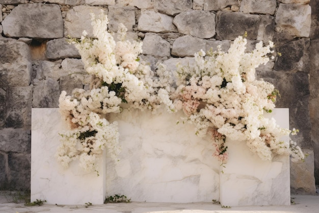 Podio de piedra exquisita de rubor natural adornado con flores blancas