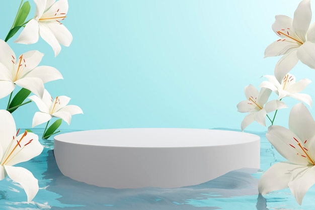 Podio de piedra con flores de lirio blanco en el fondo del agua d render