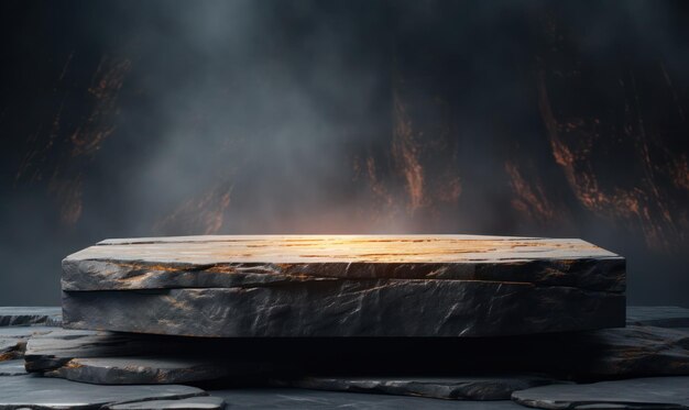 Foto podio de piedra con fondo de textura de roca y luz cinematográfica