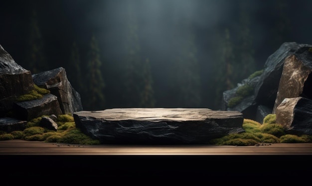 Foto podio de piedra con fondo de textura de roca y luz cinematográfica