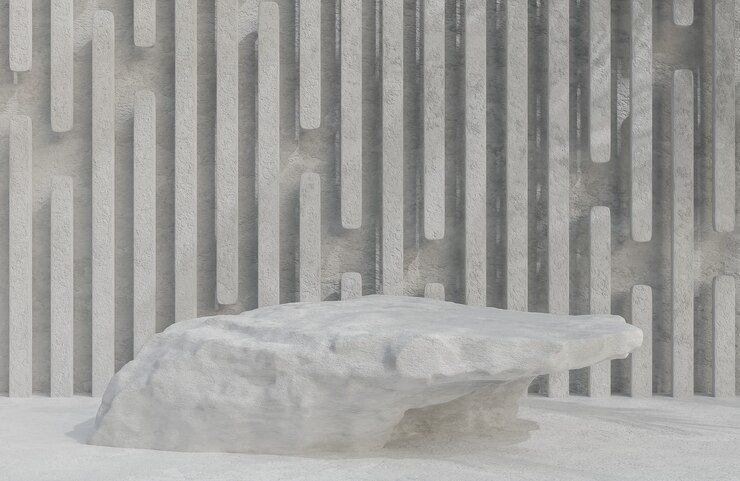 Podio de piedra gris para la presentación del producto en la ilustración y el modelo 3d del estilo de lujo del fondo de la pared de piedra.