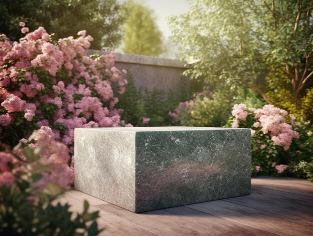 Podio de piedra en el jardín con flores rosas en el suelo de madera