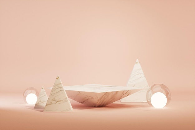 Podio de piedra y luces triangulares en el suelo en colores rosa pastel escena 3d render