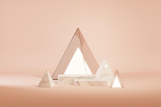 Podio de piedra y luces triangulares en el suelo en colores rosa pastel escena 3d render