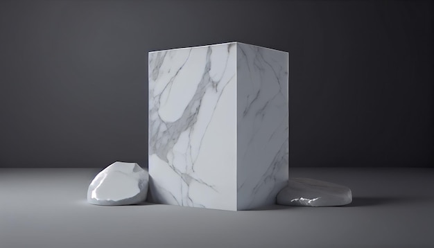 Podio de piedra de mármol sobre fondo de hormigón blanco escena simulada con para exhibición de productos