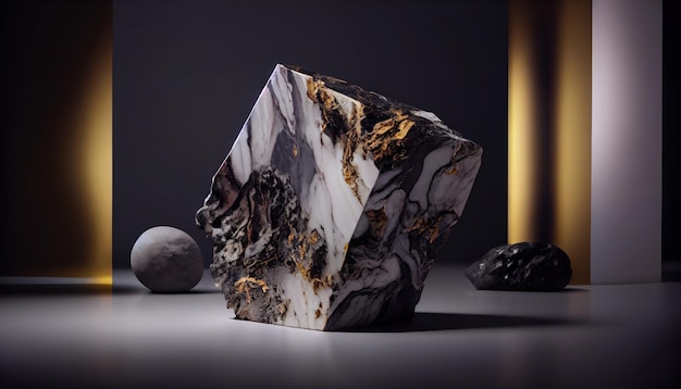 Podio de piedra de mármol sobre fondo de hormigón blanco escena simulada con para exhibición de productos