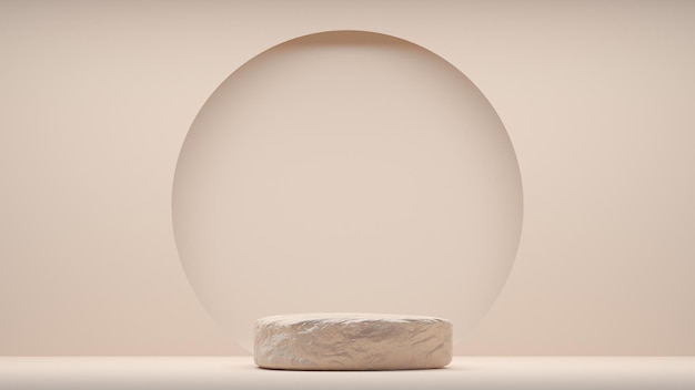 Podio de piedra marrón con fondo limpio circular. Representación de ilustración 3D.