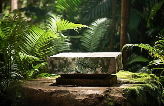 Podio de piedra natural en el fondo de la selva verde natural vacío para la presentación del producto