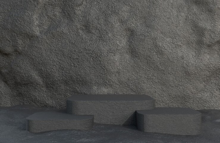 Podio de piedra negra para presentación de producto en estilo de lujo de fondo de pared de piedra, modelo 3d e ilustración.