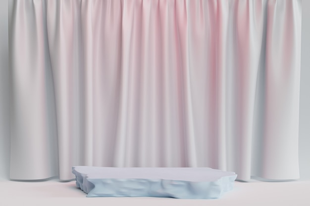 Podio de piedra o pedestal para productos o publicidad sobre fondo azul y rosa pastel con cortinas, renderizado mínimo de ilustración 3d