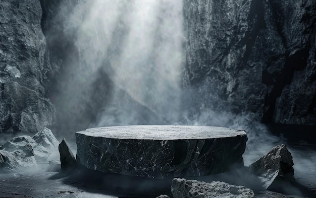 Un podio de piedra oscura se encuentra prominentemente en primer plano un símbolo de la naturaleza belleza austera en medio de un telón de fondo montañoso nebuloso