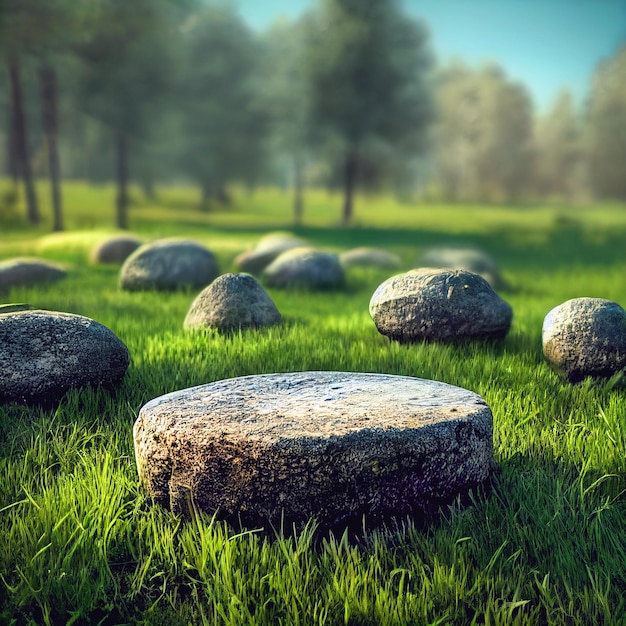 Podio de piedra redonda en el bosque de ilustración 3d realista de hierba en el paisaje de fondo render 3d