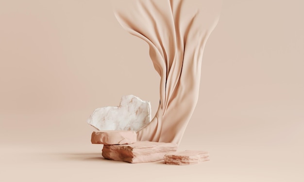 Podio de piedra sobre fondo de color de tono tierra para la presentación del producto. Pedestal de belleza natural, relajación y salud, ilustración 3d