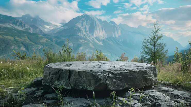 un podio de piedra utilizado para tomar fotos de productos en medio de la naturaleza salvaje con majestuosas montañas en