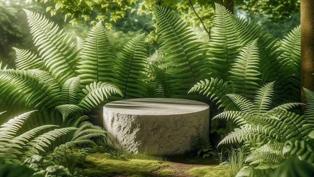 el podio de piedra vacío se encuentra dentro de la exuberante vegetación de un jardín de verano