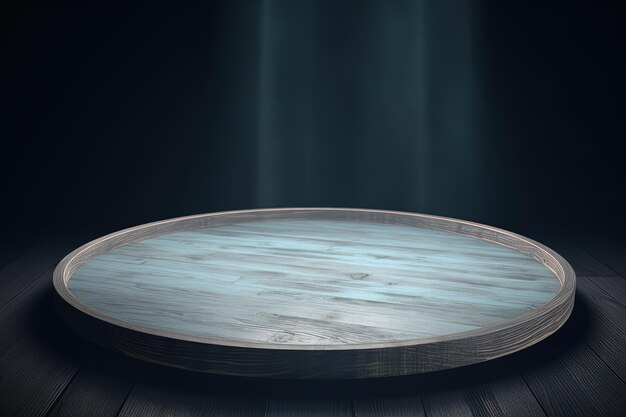 un podio de plataforma circular de madera con una luz de neón cian sobre fondo oscuro