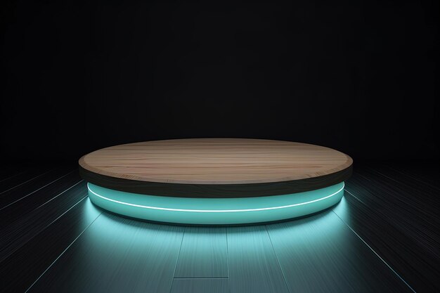 un podio de plataforma circular de madera con una luz de neón cian sobre fondo oscuro