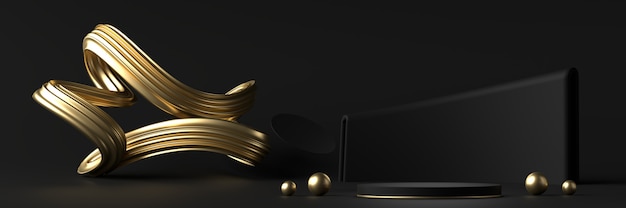 Podio de plataforma de escenario abstracto negro y dorado, para exhibición de productos publicitarios, renderizado 3d.