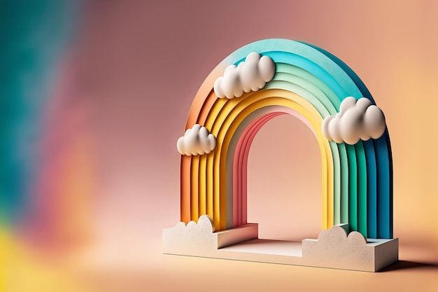 Podio del portal del arco del arco iris sobre un fondo pastel Ilustración generativa de IA