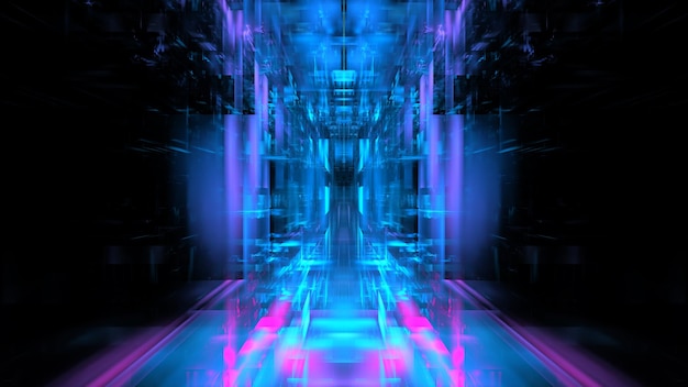 Podio del portal del edificio interior digital Tonel del servidor del centro de datos abstracto de alta tecnología Tecnología empresarial borrosa Geometría poligonal ciberpunk digital espacio color luz 3D render