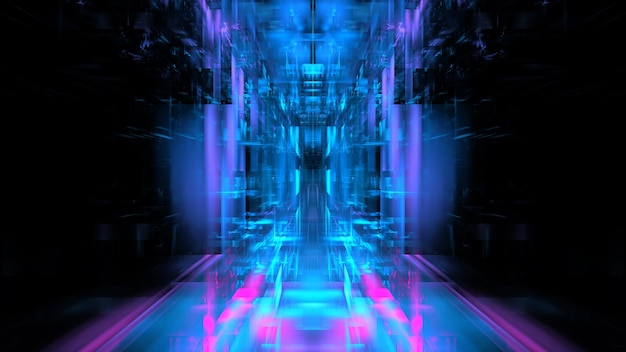 Podio del portal del edificio interior digital Tonel del servidor del centro de datos abstracto de alta tecnología Tecnología empresarial borrosa Geometría poligonal ciberpunk digital espacio color luz 3D render