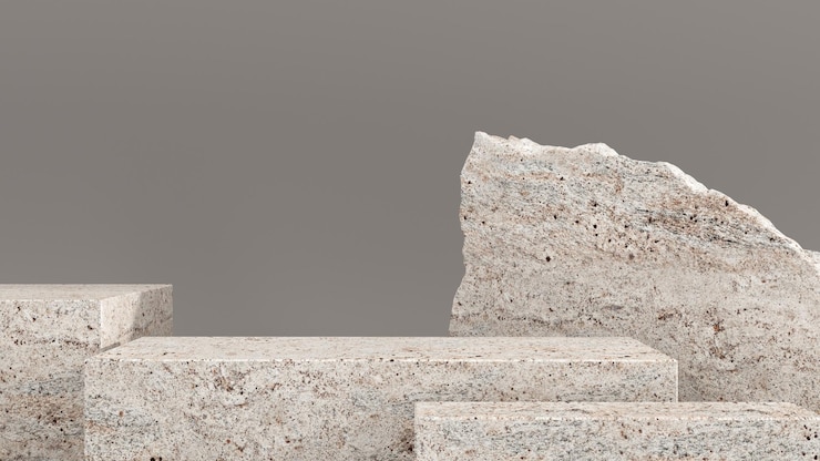 Podio premium en fondo gris con ramas de plantas, hojas y piedras naturales renderizado en 3D