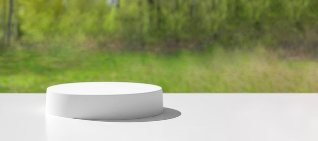 Podio para presentación Fondo de árboles verdes borrosos Forma geométrica abstracta Cilindro esfera de piedra Sombra Escena para mostrar productos Vitrina vitrina Luz solar de moda Vista frontal 3D