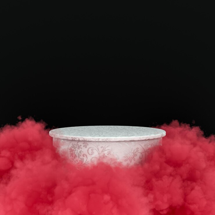 Podio para presentación de productos rodeado de nubes de color sobre fondo limpio