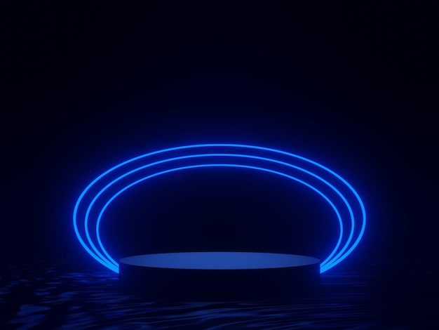 Pódio preto com luzes de néon azuis
