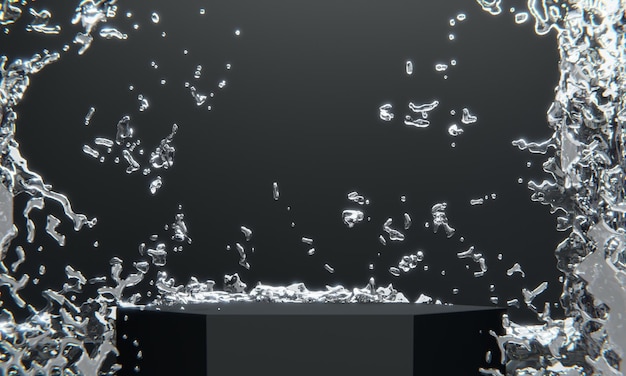 Pódio preto e água espirrando na renderização background3D branca