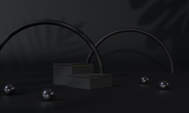 Pódio preto e suporte de fundo preto ou pedestal de pódio na exibição de publicidade com renderização em 3D de cenários em branco