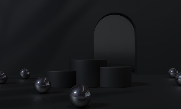 Pódio preto e suporte de fundo preto ou pedestal de pódio na exibição de publicidade com renderização em 3D de cenários em branco