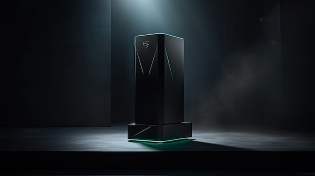 pódio preto mate com iluminação LED incorporada sutil exibindo um gadget de alta tecnologia design minimalista com ângulos afiados enfatizando a sofisticação e características de ponta do produto
