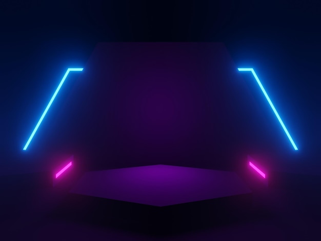 Pódio preto renderizado em 3D com luzes de néon azuis e rosa