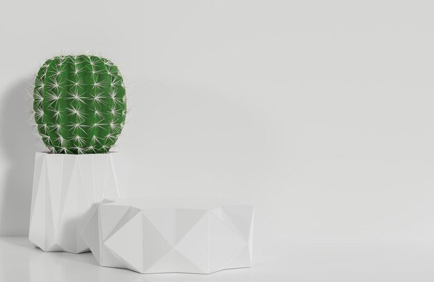 Podio de prisma blanco para la presentación del producto y cactus sobre fondo de pared blanca estilo minimalista modelo e ilustración 3d