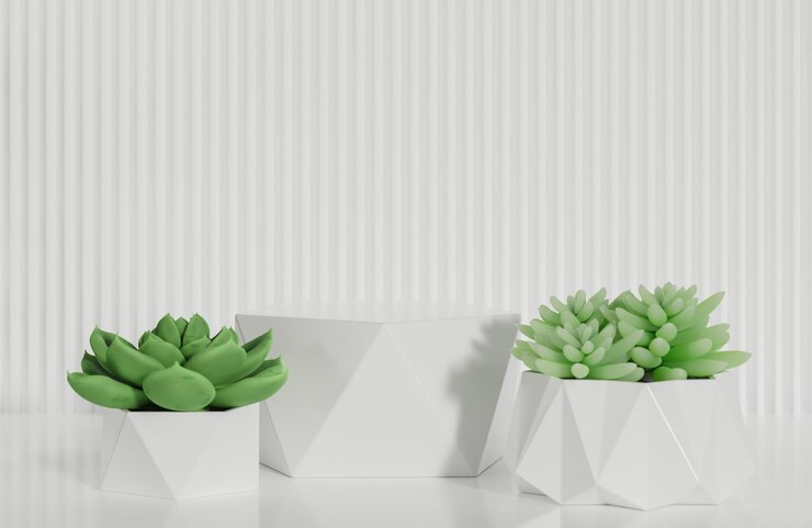 Podio de prisma blanco para la presentación del producto y cactus sobre fondo de pared dentada blanca estilo mínimo modelo e ilustración 3d