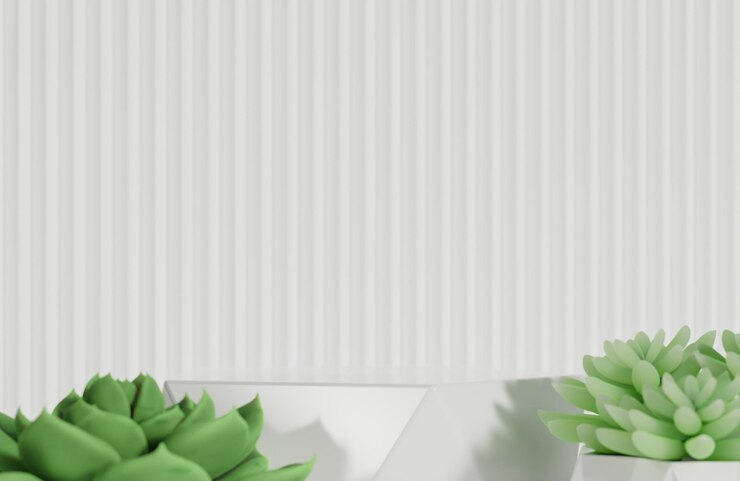 Podio de prisma blanco para la presentación del producto y cactus sobre fondo de pared dentada blanca estilo mínimo modelo e ilustración 3d
