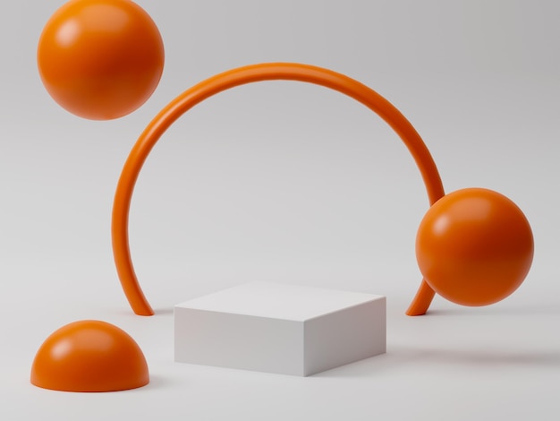 Podio de producto cuadrado mínimo de representación 3D con bolas flotantes y círculo redondo de anillo