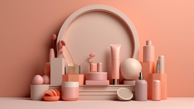 Podio de productos cosméticos exposición publicitaria podio rosa pastel IA generativa