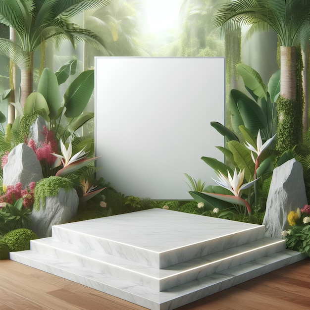 el podio publicitario vacío de piedra de mármol blanco con flores de la selva tropical en el fondo