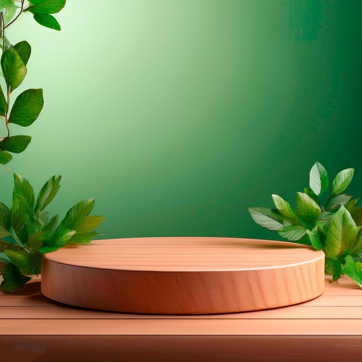 Podio realista de presentación de productos en 3D con árboles y hojas de la naturaleza