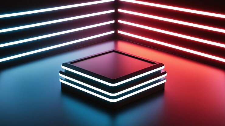 Un podio rectangular vacío que muestra un producto iluminado por luces de neón azul y rojo