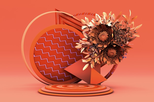 Pódio redondo 3D com buquê de flores de ouro e laranja no cenário de conceito de fundo de outono.