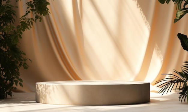 Pódio redondo bege vazio moderno e luxuoso com cortina e folhas em quarto bege com fundo de luz de sombra Cena elegante para fotografia de produto