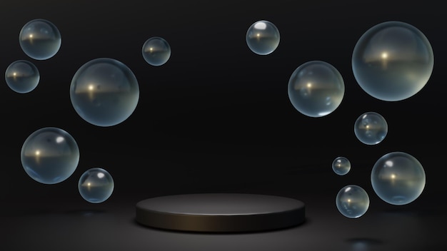 Podio redondo blanco con burbujas de aire en la superficie del agua negra Mock up plataforma de escenario geométrico vacío con esferas de jabón o gotas de agua para cosméticos de presentación de anuncios de productos Ilustración 3d realista