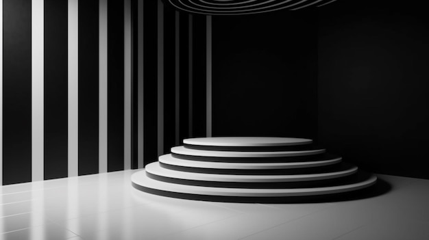 Un podio redondo blanco en una habitación oscura con fondo negro y líneas blancas.