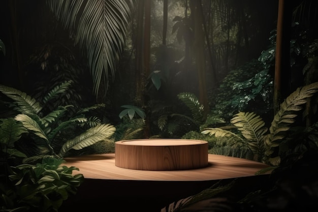 Pódio redondo de madeira na floresta tropical para geração de produtos ai