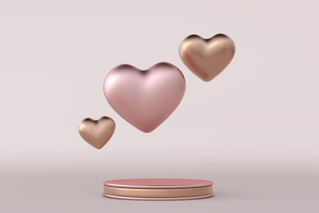 Podio redondo dorado del día de San Valentín en 3D, pedestal con corazones románticos. Me encanta la plantilla de fondo para la promoción de ventas. Escena creativa para el 14 de febrero